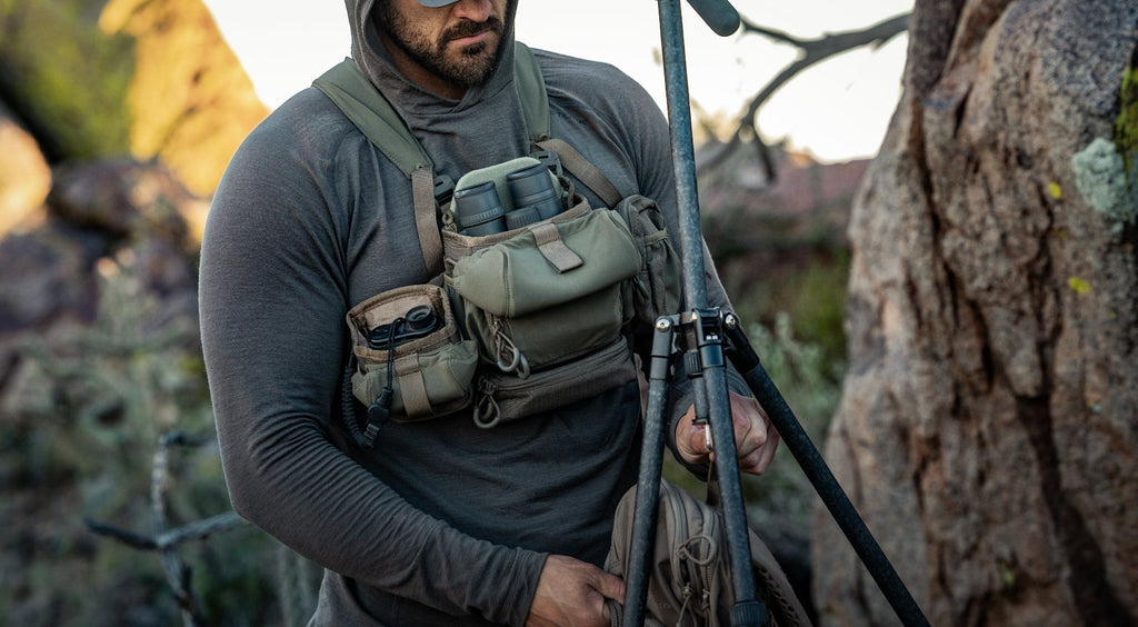Eberlestock Recon and Bravo bino harnesses shown side by side in the field